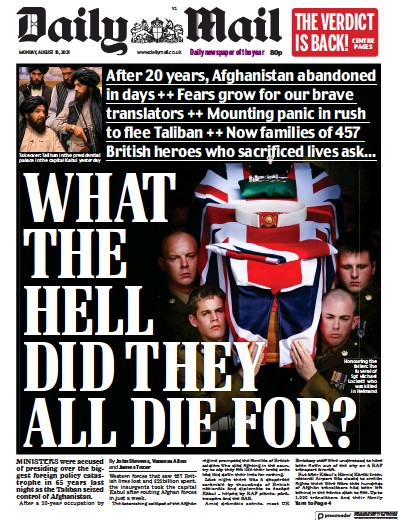Daily Mail (UK) Newspaper Front Page for 16 August 2021
