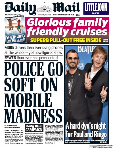 Daily Mail Newspaper Front Page for 16 September 2016