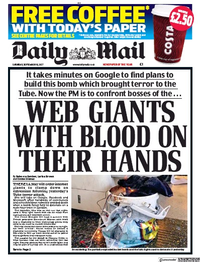 Daily Mail Newspaper Front Page for 16 September 2017