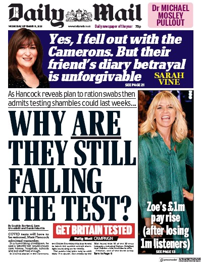 Daily Mail Newspaper Front Page for 16 September 2020