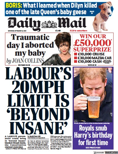 Daily Mail (UK) Newspaper Front Page for 16 September 2023