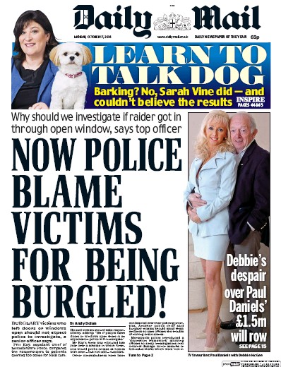 Daily Mail Newspaper Front Page for 17 October 2016