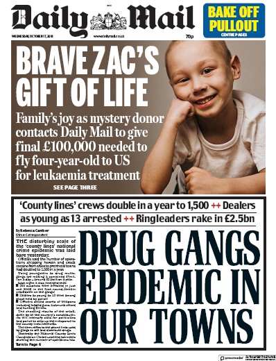 Daily Mail Newspaper Front Page for 17 October 2018