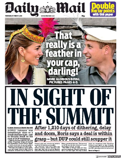 Daily Mail Newspaper Front Page for 17 October 2019