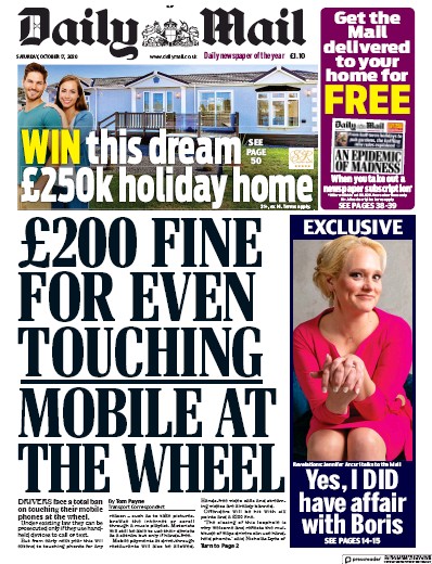 Daily Mail Newspaper Front Page for 17 October 2020