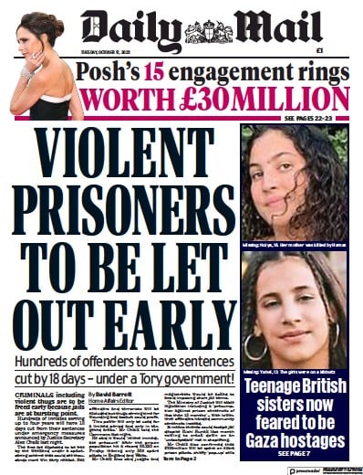 Daily Mail (UK) Newspaper Front Page for 17 October 2023
