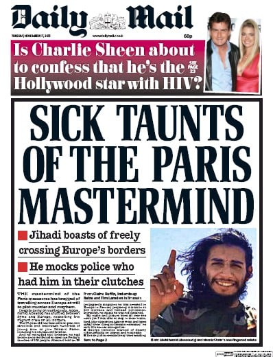 Daily Mail Newspaper Front Page for 17 November 2015