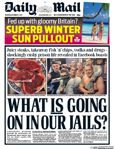 Daily Mail (UK) Newspaper Front Page for 17 November 2016