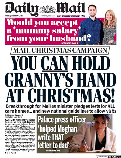 Daily Mail Newspaper Front Page for 17 November 2020