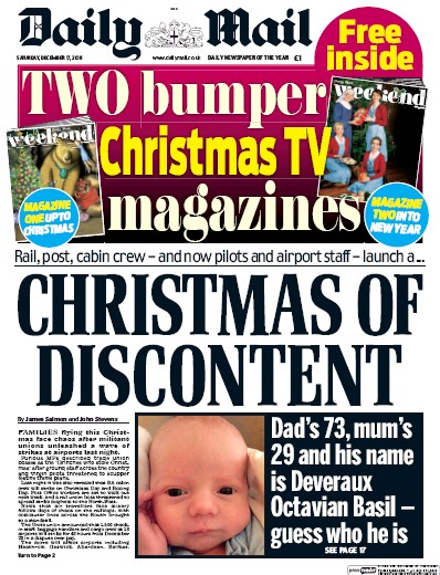 Daily Mail Newspaper Front Page for 17 December 2016