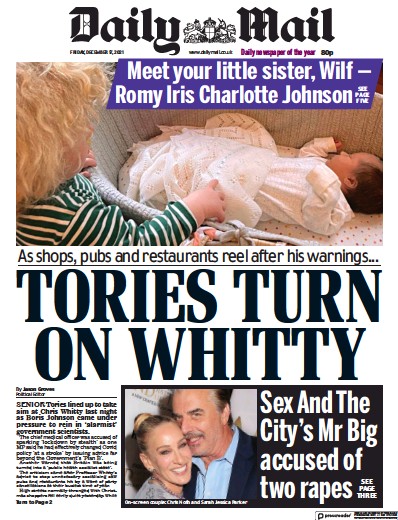 Daily Mail (UK) Newspaper Front Page for 17 December 2021