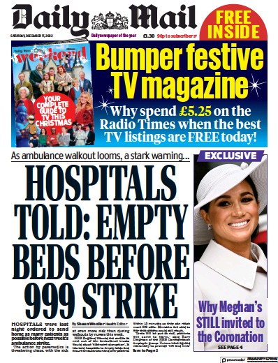 Daily Mail Newspaper Front Page for 17 December 2022