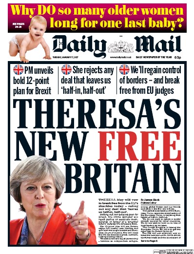 Daily Mail Newspaper Front Page for 17 January 2017