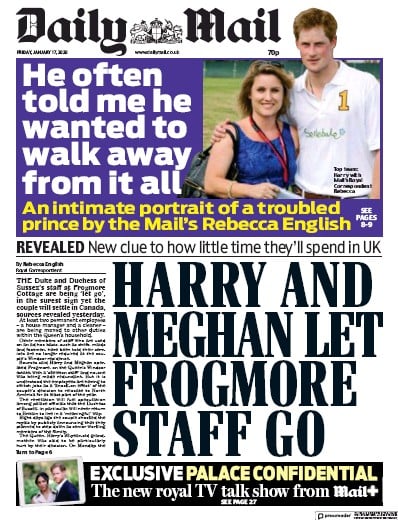Daily Mail Newspaper Front Page for 17 January 2020