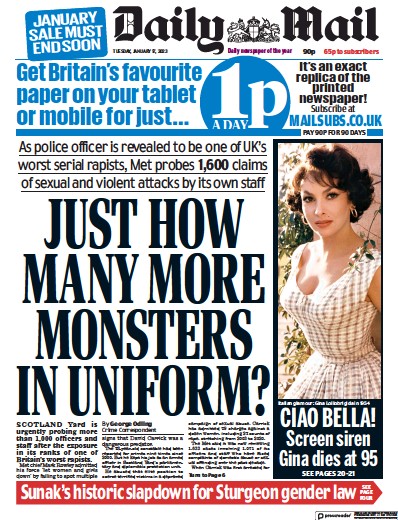 Daily Mail (UK) Newspaper Front Page for 17 January 2023