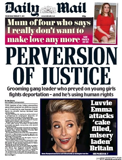 Daily Mail (UK) Newspaper Front Page for 17 February 2016