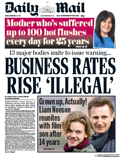 Daily Mail Newspaper Front Page for 17 February 2017