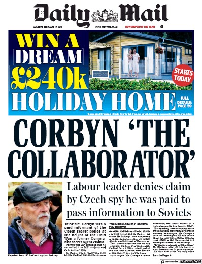 Daily Mail Newspaper Front Page for 17 February 2018