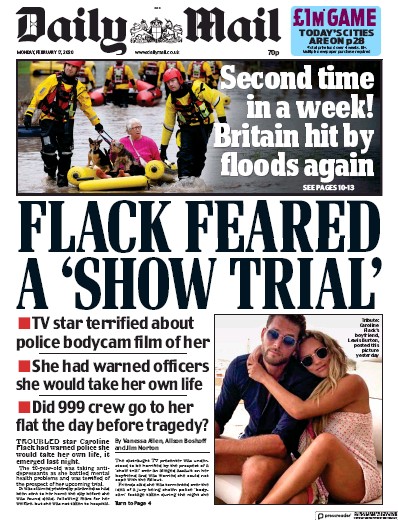 Daily Mail Newspaper Front Page for 17 February 2020