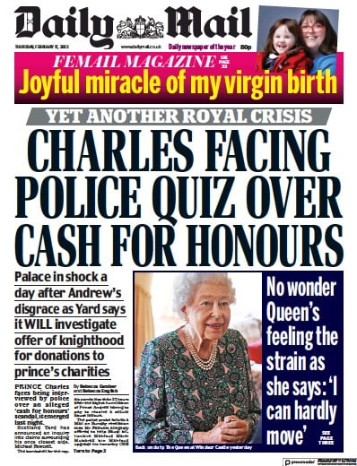 Daily Mail Newspaper Front Page for 17 February 2022