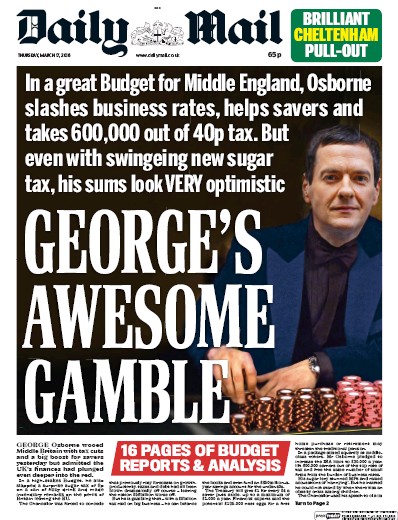 Daily Mail (UK) Newspaper Front Page for 17 March 2016