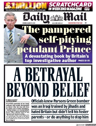 Daily Mail Newspaper Front Page for 17 March 2018
