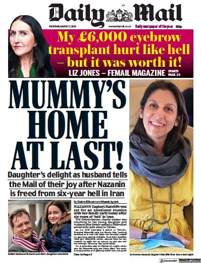 Daily Mail Newspaper Front Page for 17 March 2022