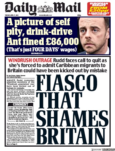 Daily Mail (UK) Newspaper Front Page for 17 April 2018