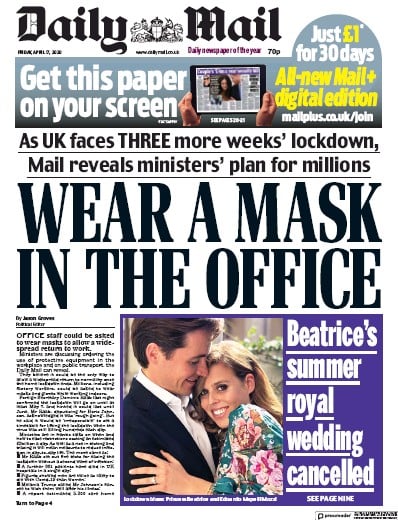Daily Mail Newspaper Front Page for 17 April 2020