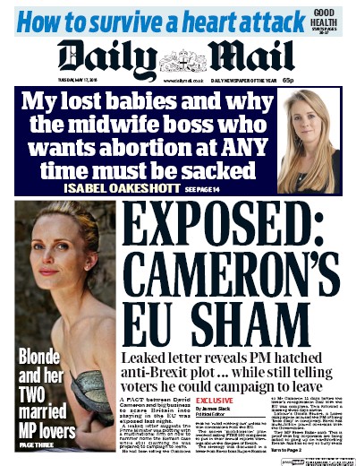 Daily Mail Newspaper Front Page for 17 May 2016
