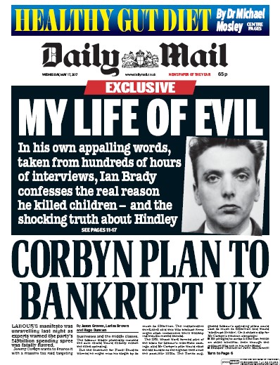 Daily Mail Newspaper Front Page for 17 May 2017