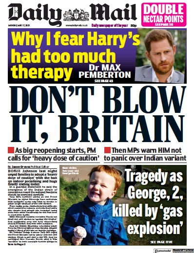 Daily Mail Newspaper Front Page for 17 May 2021