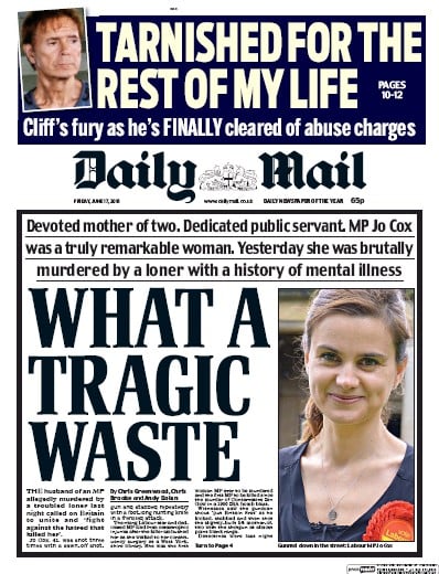 Daily Mail (UK) Newspaper Front Page for 17 June 2016
