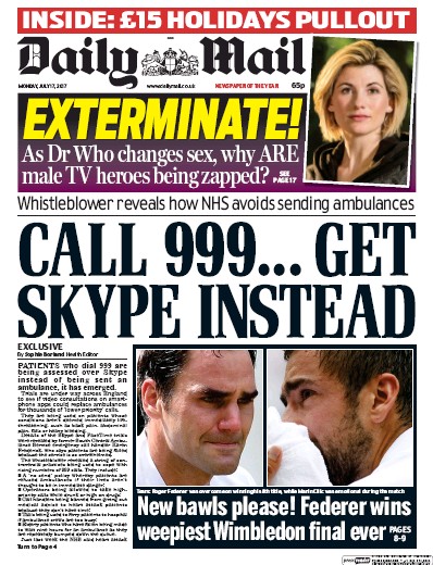 Daily Mail Newspaper Front Page for 17 July 2017