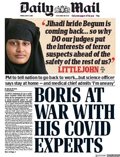Daily Mail Newspaper Front Page for 17 July 2020