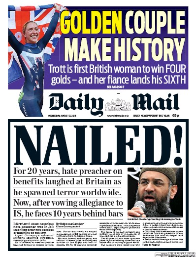 Daily Mail Newspaper Front Page for 17 August 2016