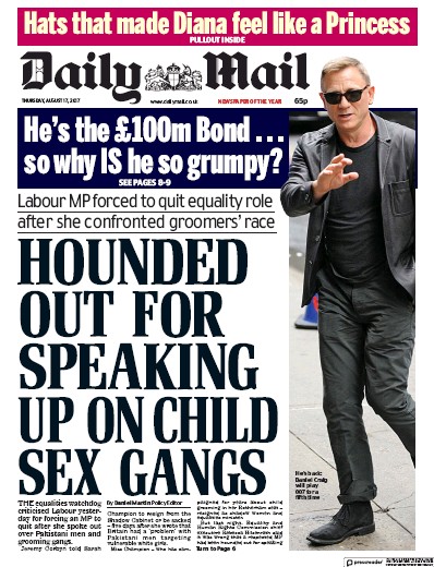 Daily Mail Newspaper Front Page for 17 August 2017