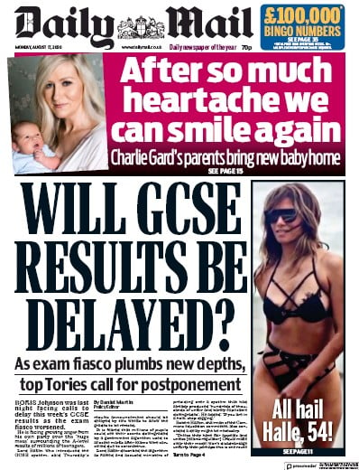 Daily Mail Newspaper Front Page for 17 August 2020