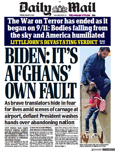 Daily Mail (UK) Newspaper Front Page for 17 August 2021