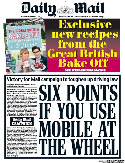 Daily Mail Newspaper Front Page for 17 September 2016