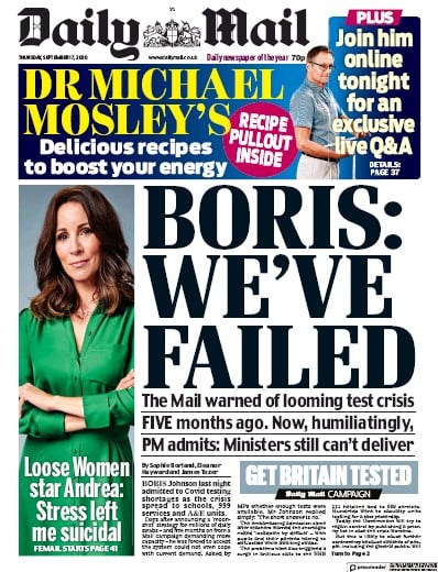 Daily Mail (UK) Newspaper Front Page for 17 September 2020