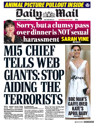 Daily Mail Newspaper Front Page for 18 October 2017