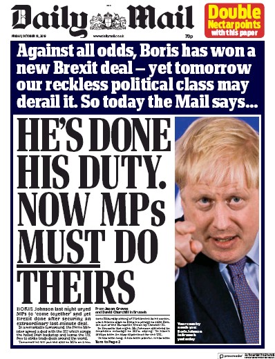 Daily Mail Newspaper Front Page for 18 October 2019