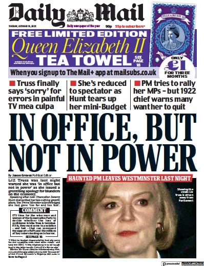 Daily Mail (UK) Newspaper Front Page for 18 October 2022