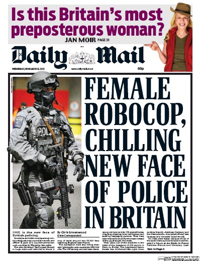Daily Mail Newspaper Front Page for 18 November 2015