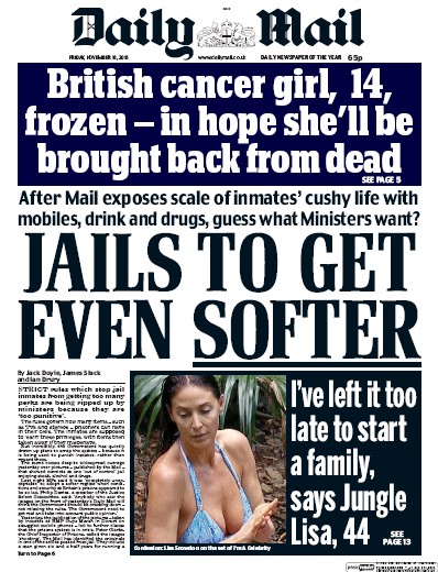 Daily Mail Newspaper Front Page for 18 November 2016