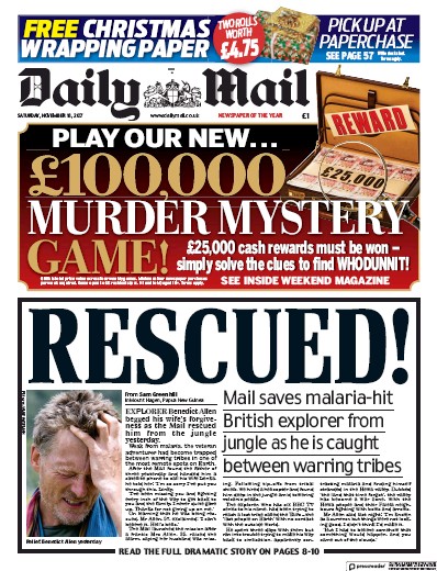 Daily Mail Newspaper Front Page for 18 November 2017
