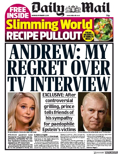 Daily Mail (UK) Newspaper Front Page for 18 November 2019