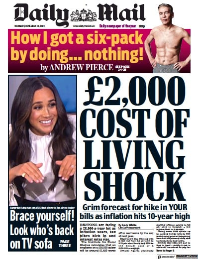 Daily Mail (UK) Newspaper Front Page for 18 November 2021