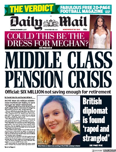 Daily Mail (UK) Newspaper Front Page for 18 December 2017